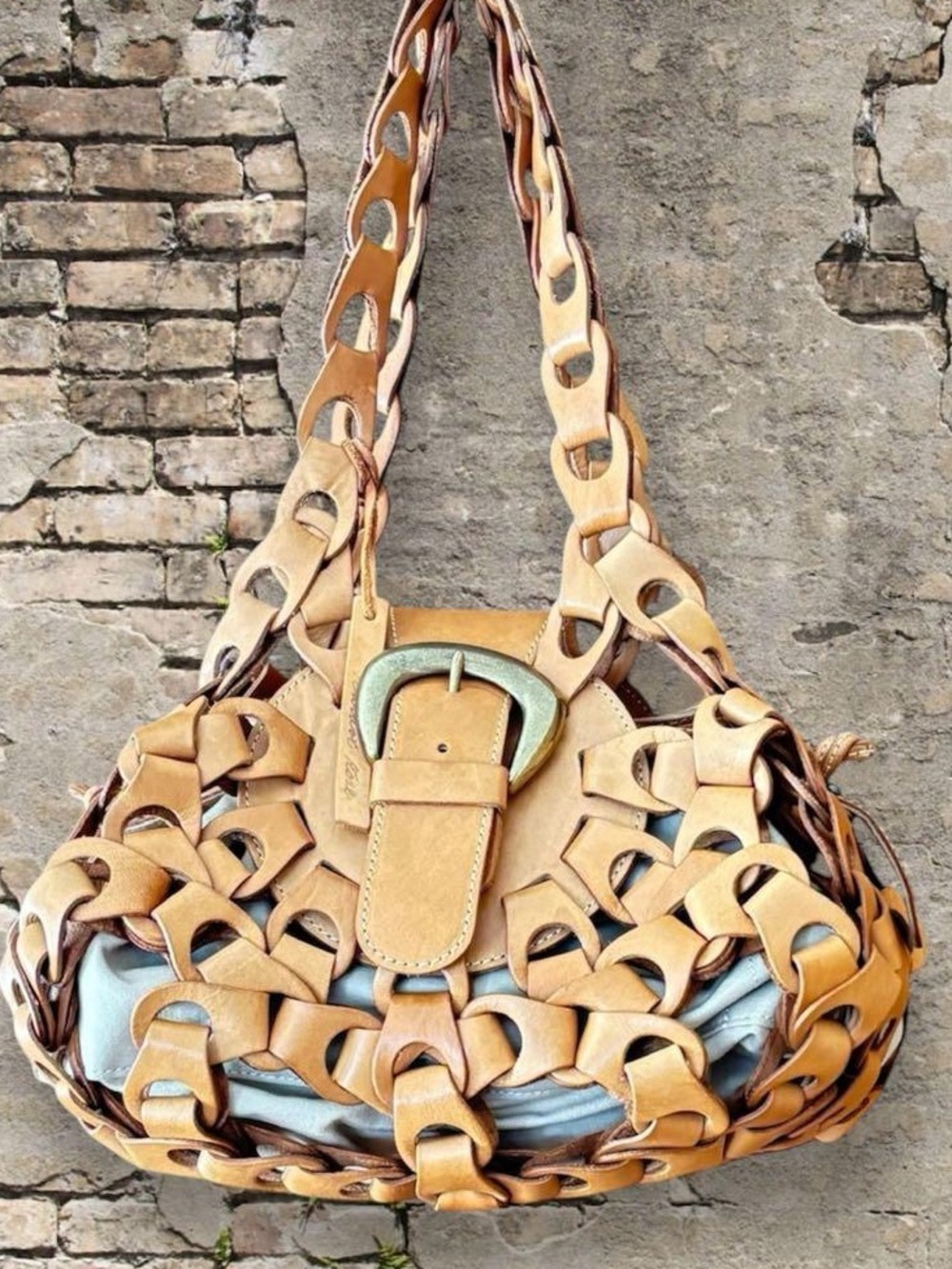 Bard Rose Chain Motif Genuine Leather Drawstring Bag - Unique Bag - Aged Camel